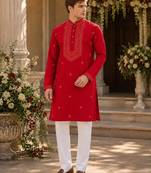 Red embroidered & sequence work silk blend straight kurta