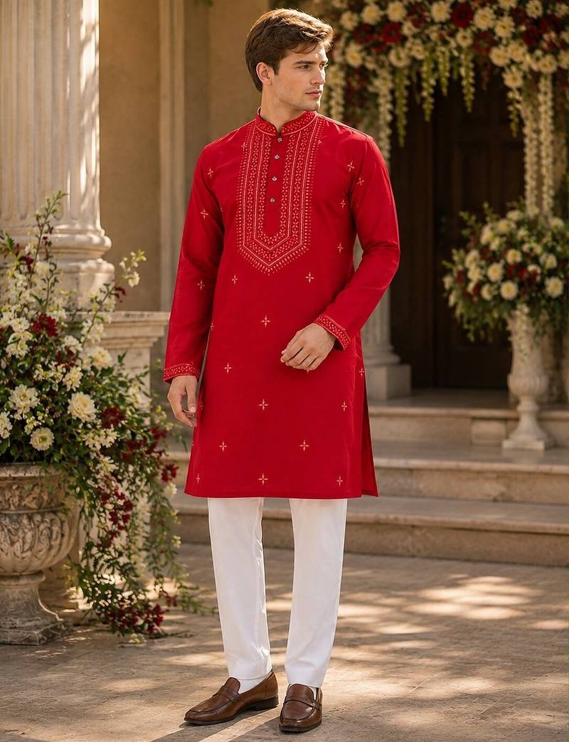 Red embroidered & sequence work silk blend straight kurta
