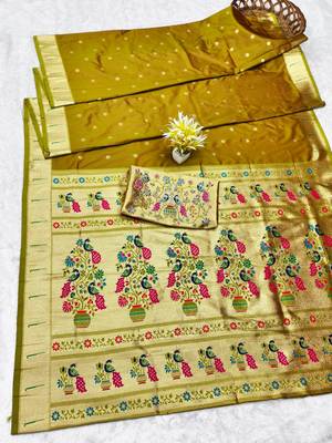 Gold zari woven paithani silk traditional saree with swarovski blouse piece 5