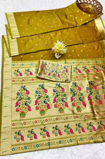 Gold zari woven paithani silk traditional saree with swarovski blouse piece