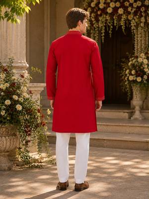 Red embroidered & sequence work silk blend straight kurta 2