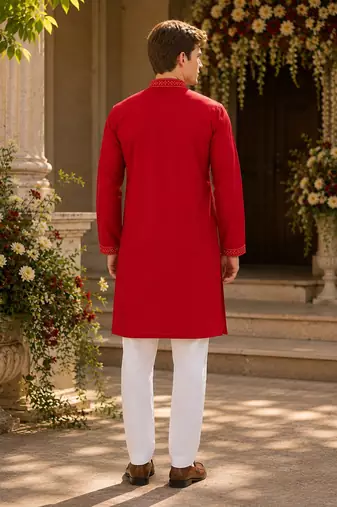 Red embroidered & sequence work silk blend straight kurta