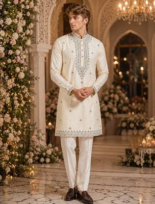 Cream embroidered & sequence work silk blend straight kurta 1