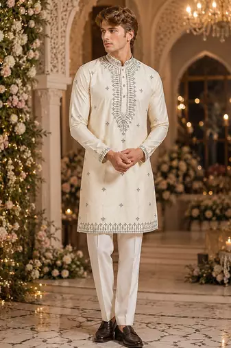 Cream embroidered & sequence work silk blend straight kurta