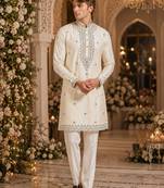 Cream embroidered & sequence work silk blend straight kurta