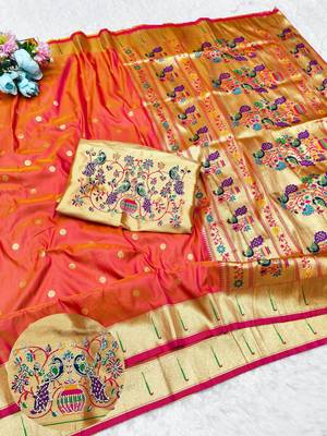 Gajri zari woven paithani silk traditional saree with swarovski blouse piece 1