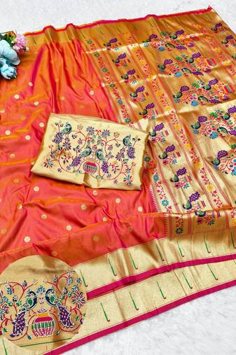 Gajri zari woven paithani silk traditional saree with swarovski blouse piece