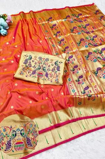 Gajri zari woven paithani silk traditional saree with swarovski blouse piece