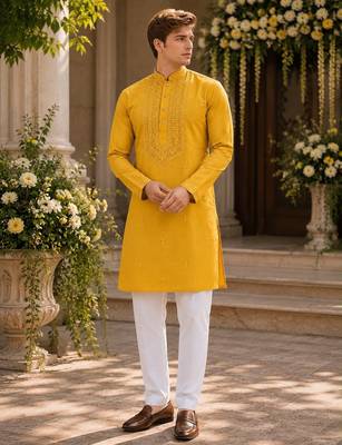 Yellow embroidered & sequence work silk blend straight kurta 1