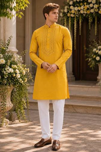 Yellow embroidered & sequence work silk blend straight kurta