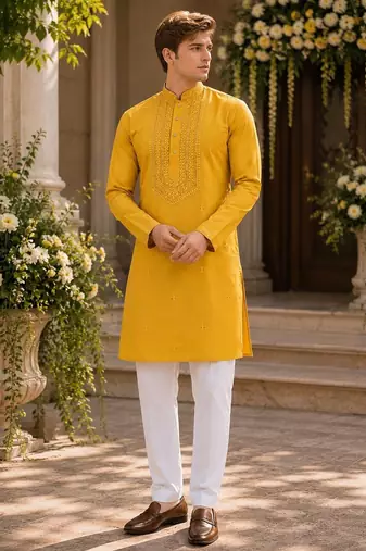 Yellow embroidered & sequence work silk blend straight kurta