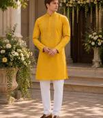 Yellow embroidered & sequence work silk blend straight kurta