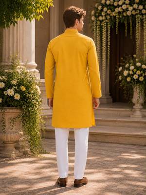 Yellow embroidered & sequence work silk blend straight kurta 2