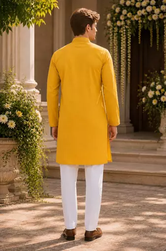Yellow embroidered & sequence work silk blend straight kurta