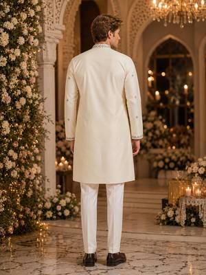 Cream embroidered & sequence work silk blend straight kurta 2