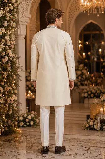 Cream embroidered & sequence work silk blend straight kurta