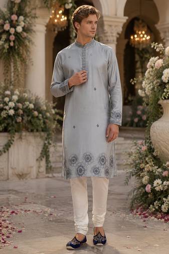 Grey embroidered & sequence work silk blend straight kurta