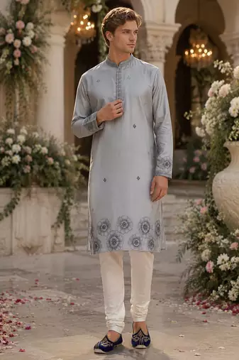 Grey embroidered & sequence work silk blend straight kurta