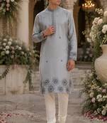 Grey embroidered & sequence work silk blend straight kurta