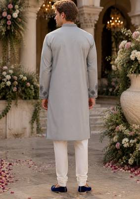 Grey embroidered & sequence work silk blend straight kurta 2