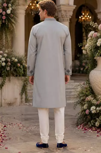 Grey embroidered & sequence work silk blend straight kurta