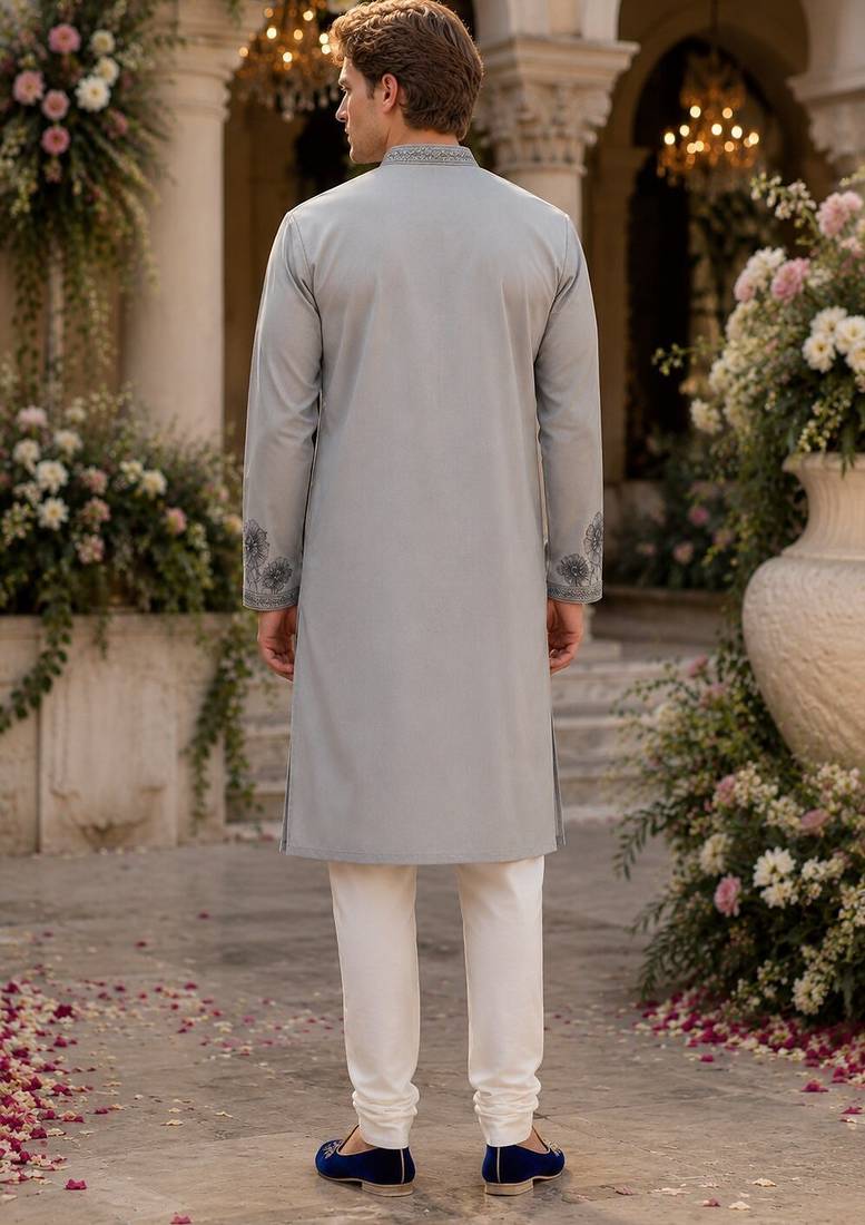 Grey embroidered & sequence work silk blend straight kurta