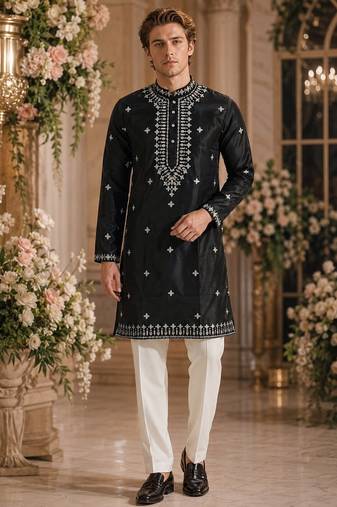 Black embroidered & sequence work silk blend straight kurta