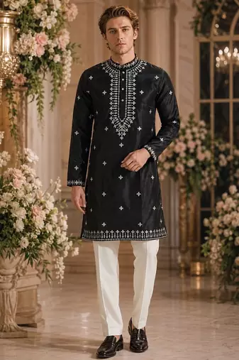 Black embroidered & sequence work silk blend straight kurta