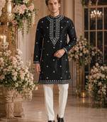 Black embroidered & sequence work silk blend straight kurta