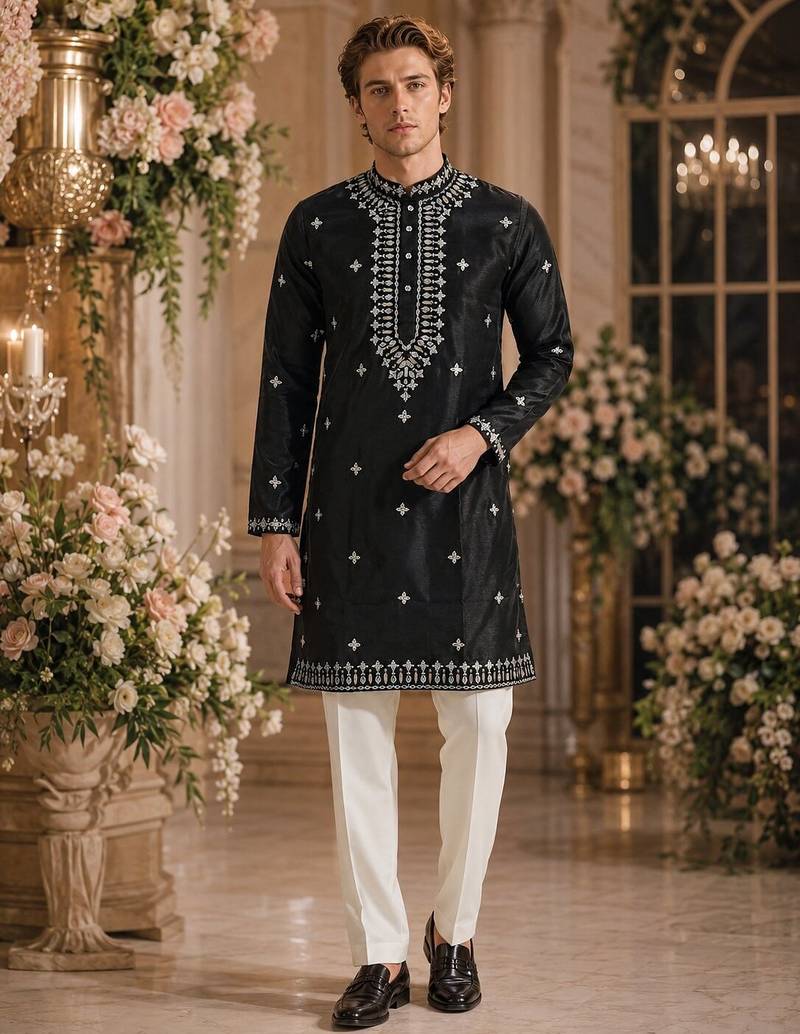Black embroidered & sequence work silk blend straight kurta