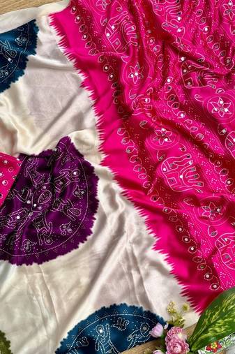 Pink Color Ajarak Print And Real Mirror Work Satin Saree