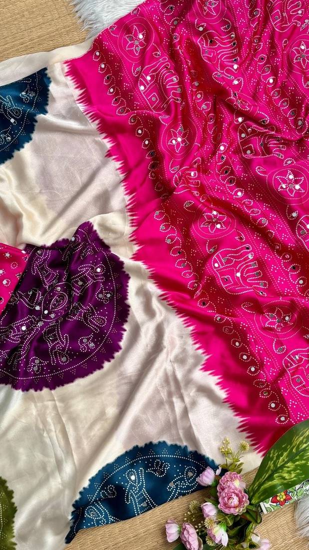 Pink Color Ajarak Print And Real Mirror Work Satin Saree