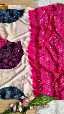 Pink Color Ajarak Print And Real Mirror Work Satin Saree 2
