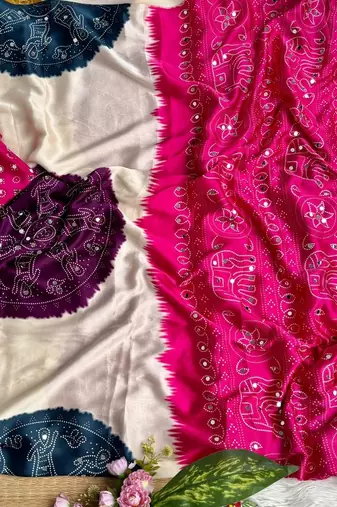 Pink Color Ajarak Print And Real Mirror Work Satin Saree