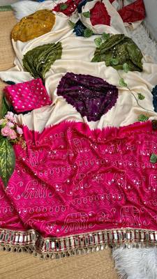 Pink Color Ajarak Print And Real Mirror Work Satin Saree 3