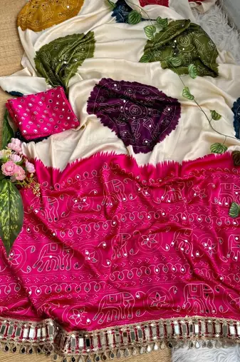 Pink Color Ajarak Print And Real Mirror Work Satin Saree