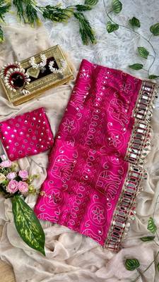 Pink Color Ajarak Print And Real Mirror Work Satin Saree 4