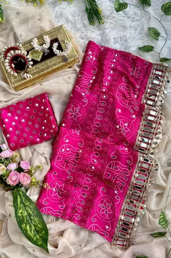Pink Color Ajarak Print And Real Mirror Work Satin Saree