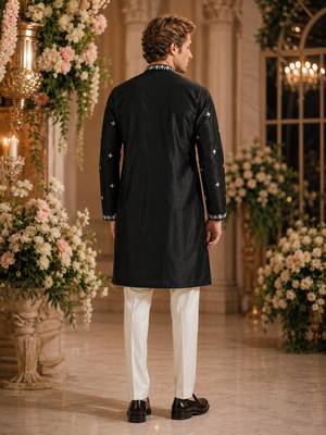 Black embroidered & sequence work silk blend straight kurta 2