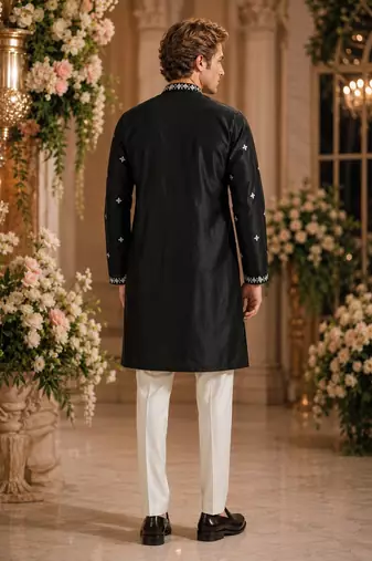 Black embroidered & sequence work silk blend straight kurta