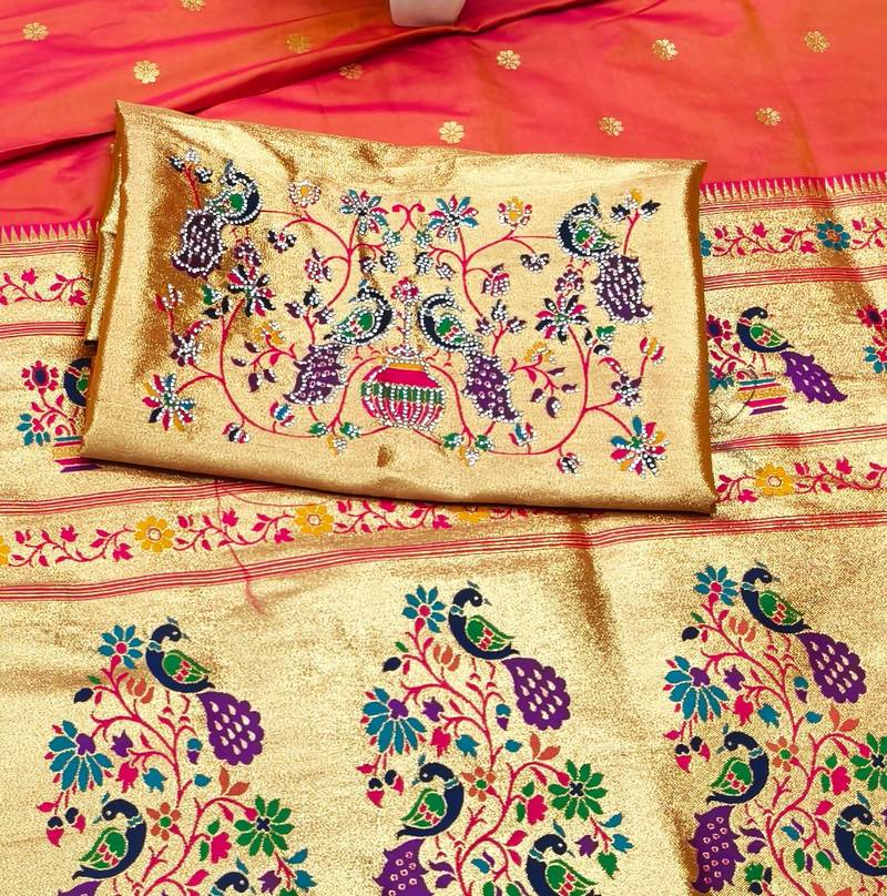 Gajri zari woven paithani silk traditional saree with swarovski blouse piece