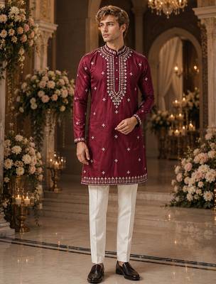 Maroon embroidered & sequence work silk blend straight kurta 1