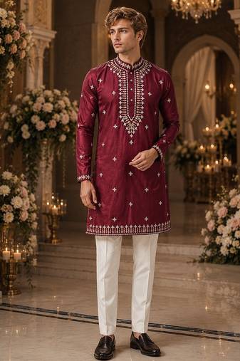 Maroon embroidered & sequence work silk blend straight kurta