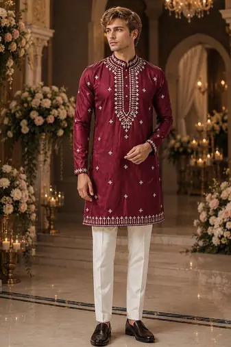 Maroon embroidered & sequence work silk blend straight kurta