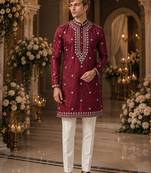 Maroon embroidered & sequence work silk blend straight kurta
