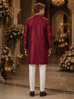 Maroon embroidered & sequence work silk blend straight kurta 2