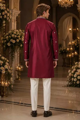 Maroon embroidered & sequence work silk blend straight kurta