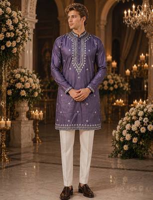 Purple embroidered & sequence work silk blend straight kurta 1