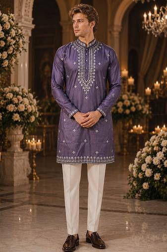 Purple embroidered & sequence work silk blend straight kurta