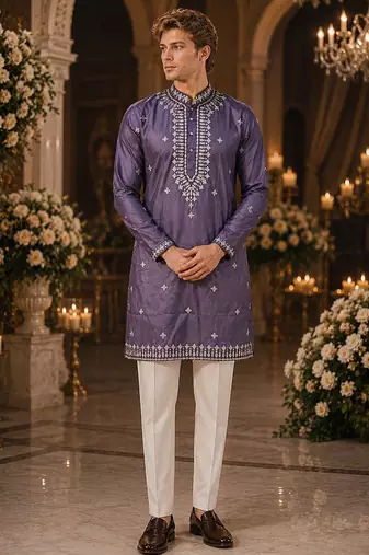 Purple embroidered & sequence work silk blend straight kurta